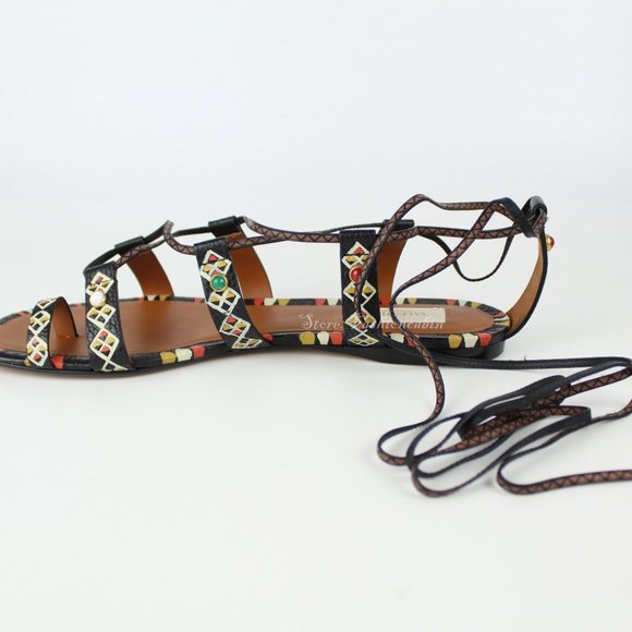 NEW VALENTINO GARAVANI Runway Sandal–Ankle Wrap Embellished Flat Gladiator Style - Picture 5 of 12